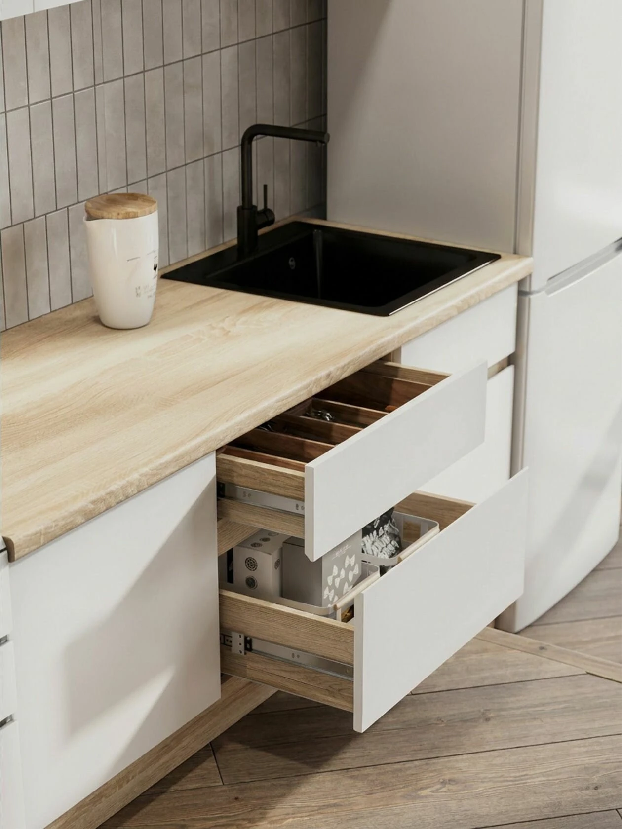 Кухонный гарнитур Бланманже 1.6 м, мебель для дома и кухни, Дуб Делано / Белый / столешница Дуб Сонома